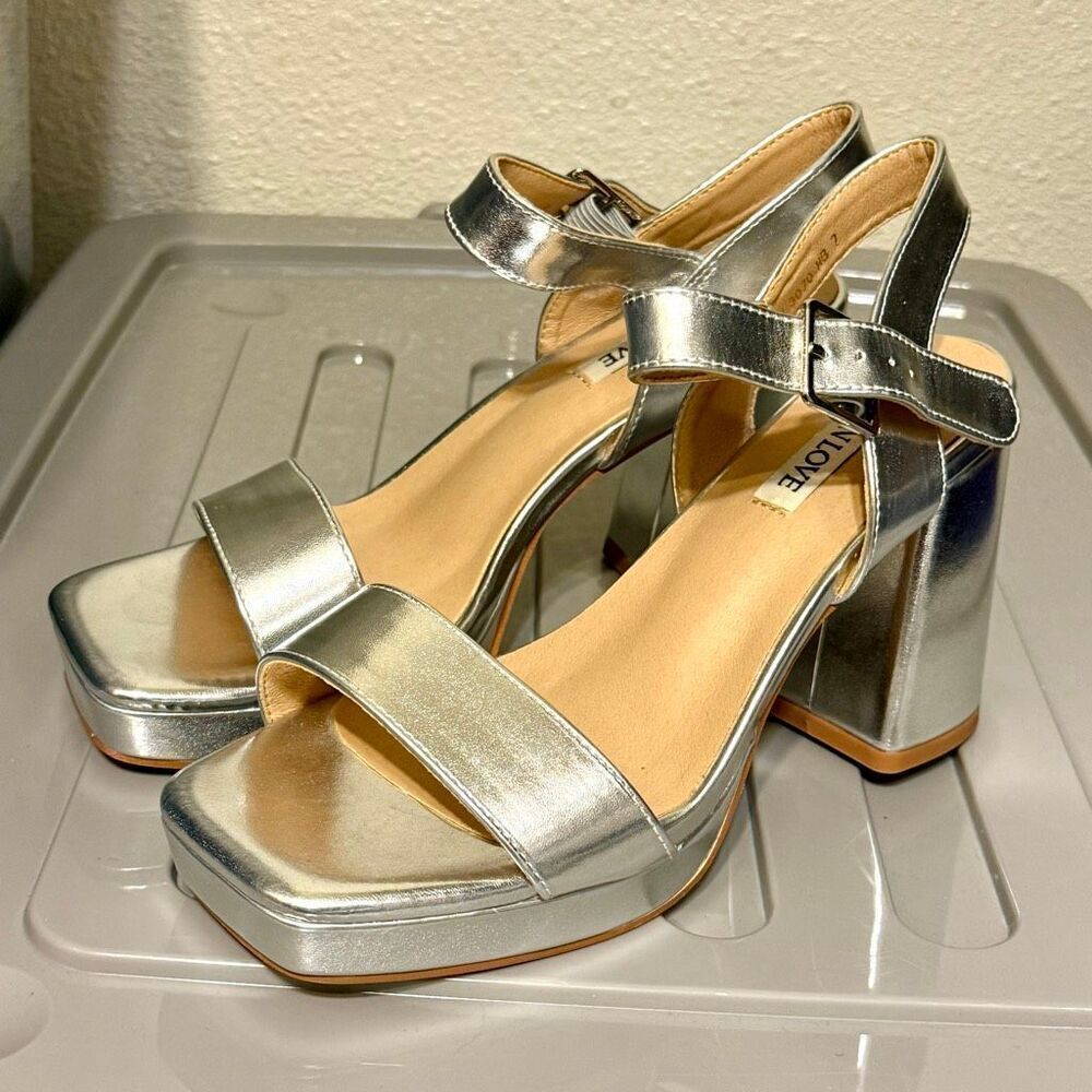 Joy In Love Women’s Silver Metallic Square Toe Block Heeled Chunky Platform Sand